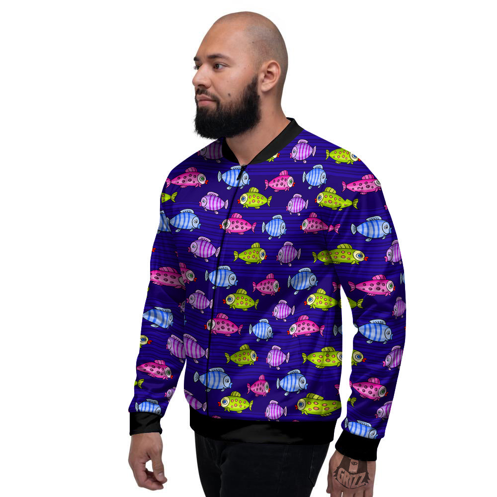 Fish Cartoon Print Pattern Men's Bomber Jacket-grizzshop