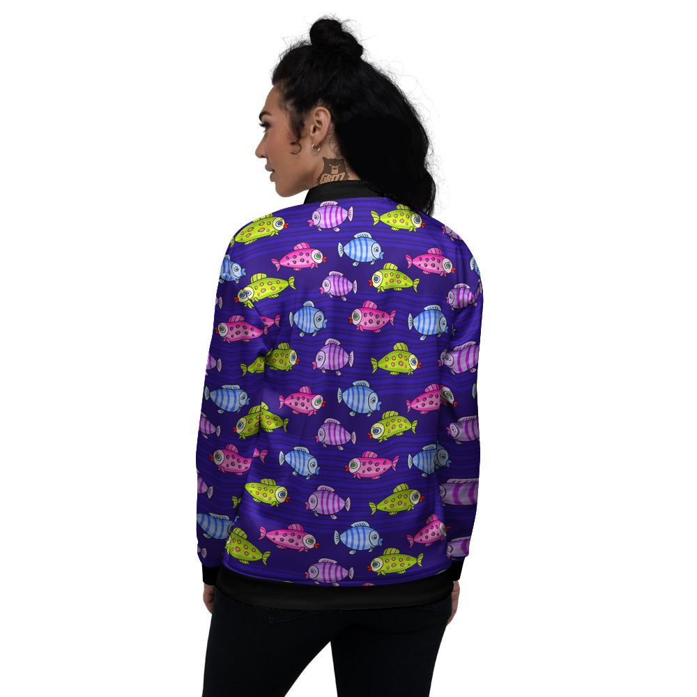 Fish Cartoon Print Pattern Women's Bomber Jacket-grizzshop