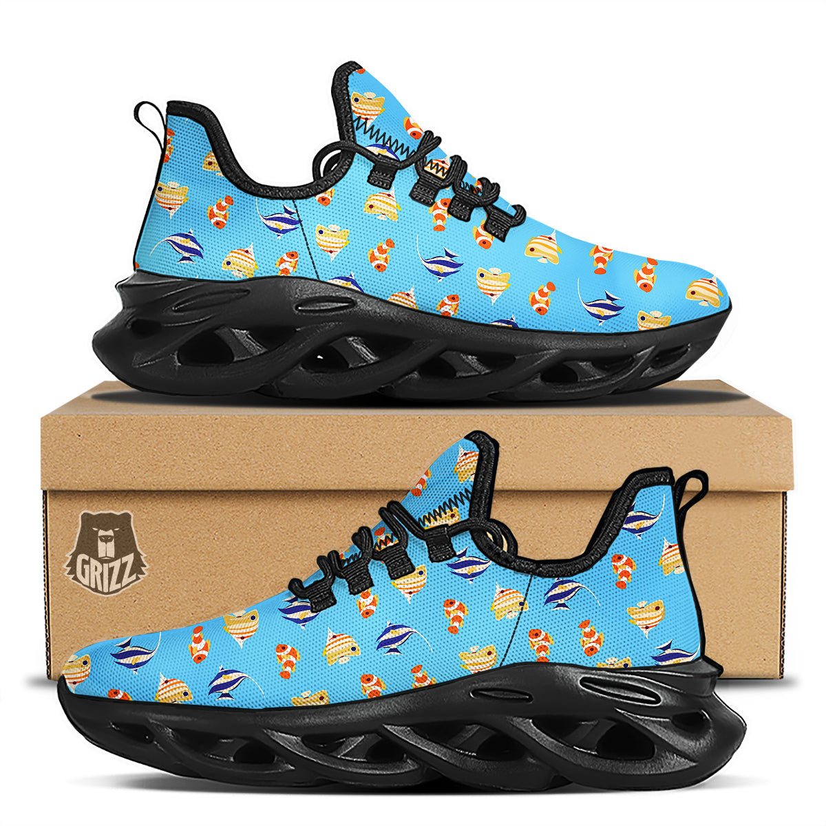 Fish Cute Print Pattern Black Running Shoes-grizzshop
