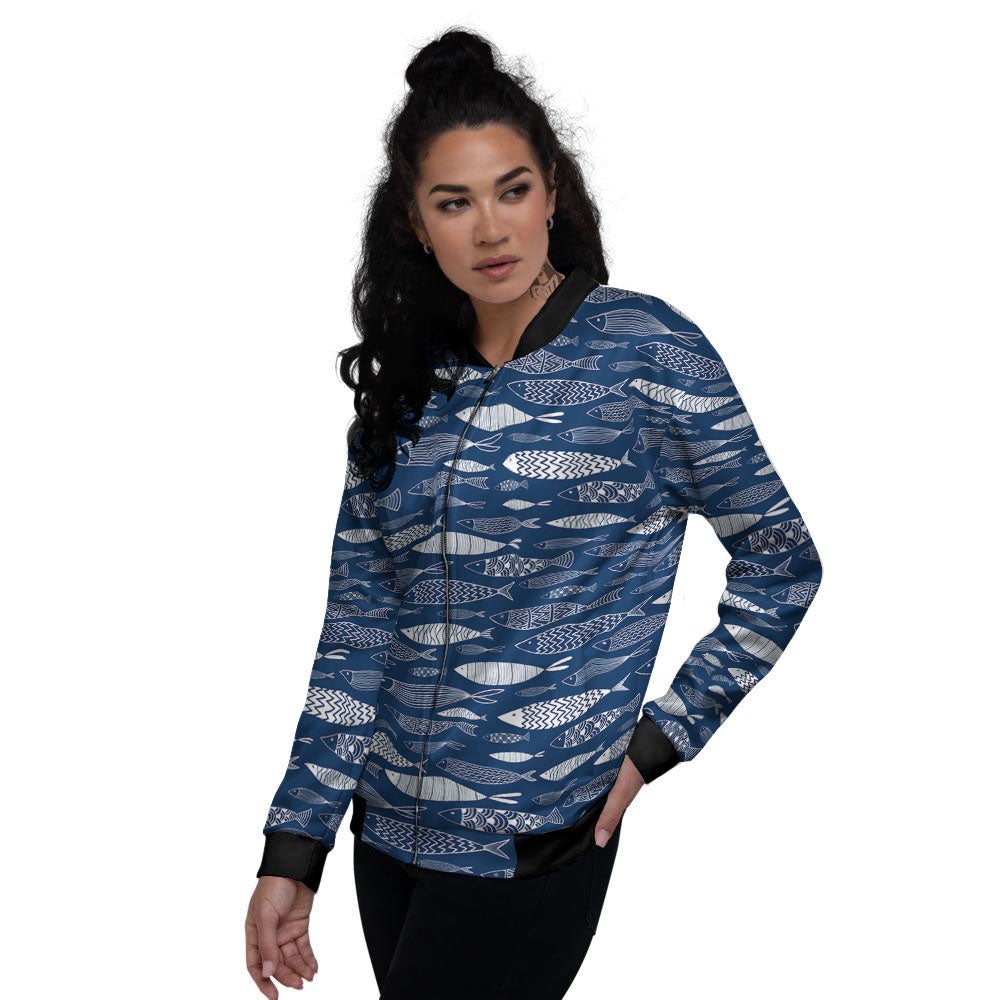 Fish Ornamental Print Pattern Women's Bomber Jacket-grizzshop
