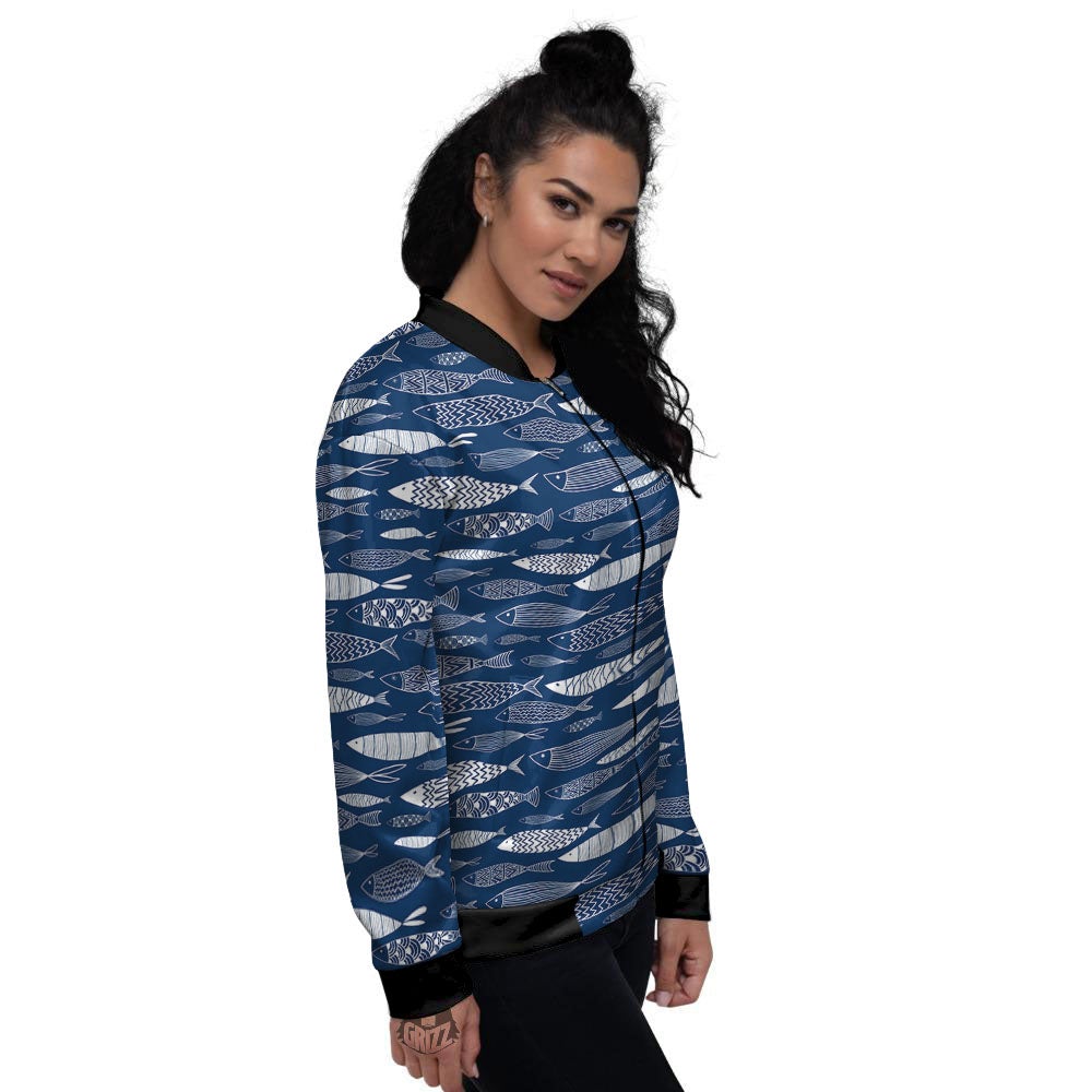 Fish Ornamental Print Pattern Women's Bomber Jacket-grizzshop