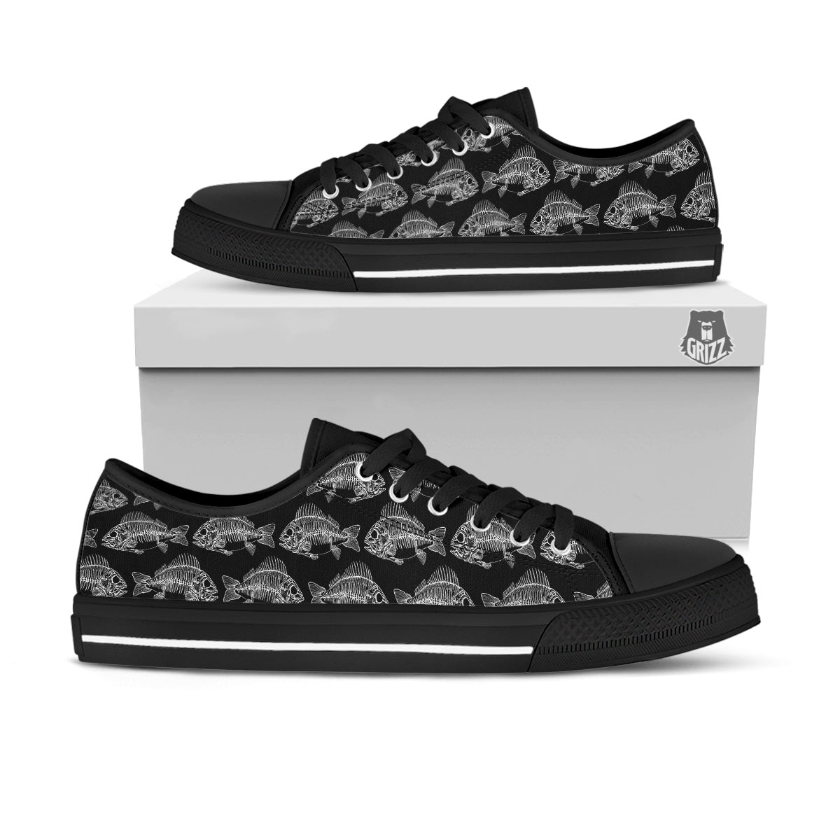 Fish Skeleton Print Pattern Black Low Top Shoes-grizzshop