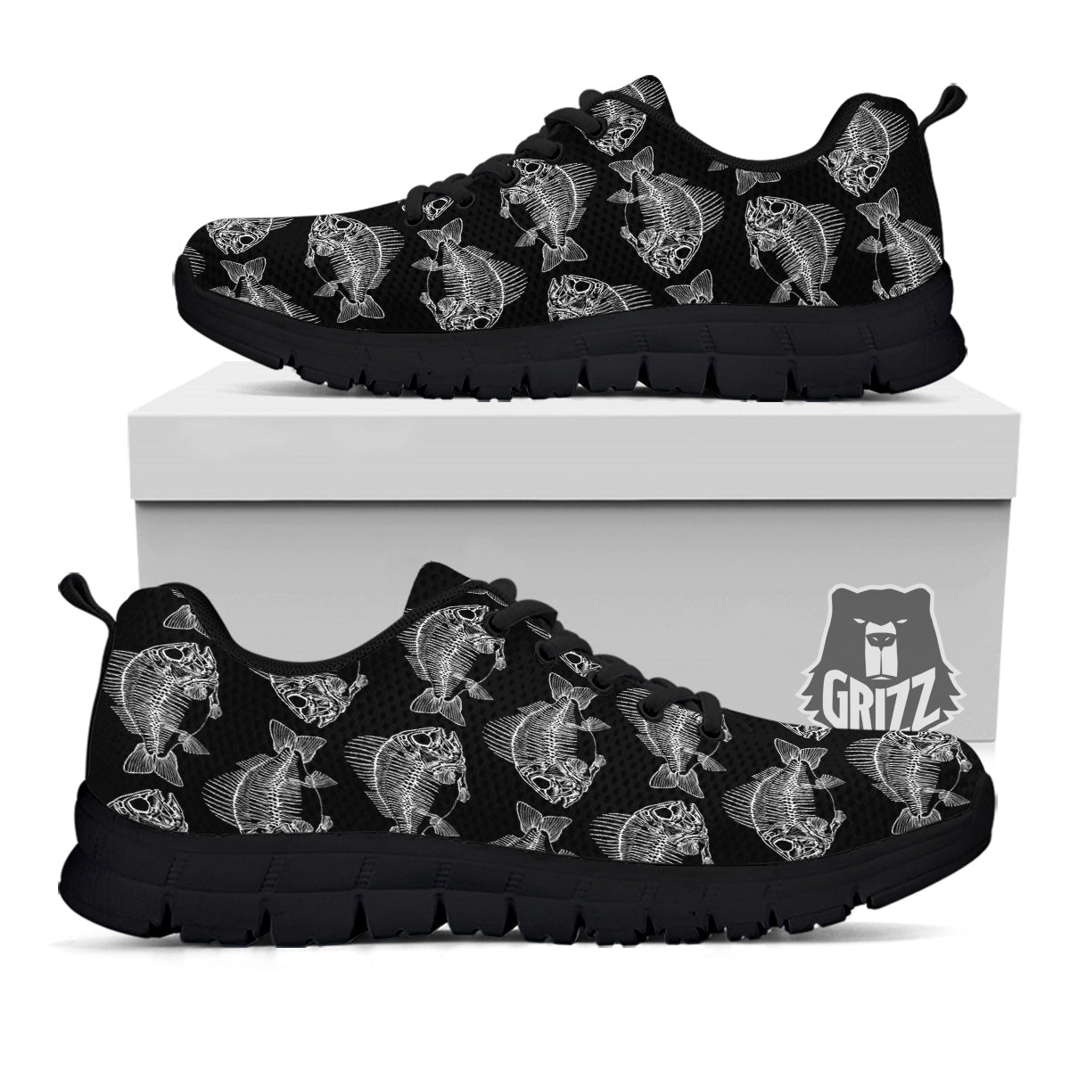 Fish Skeleton Print Pattern Black Sneaker-grizzshop