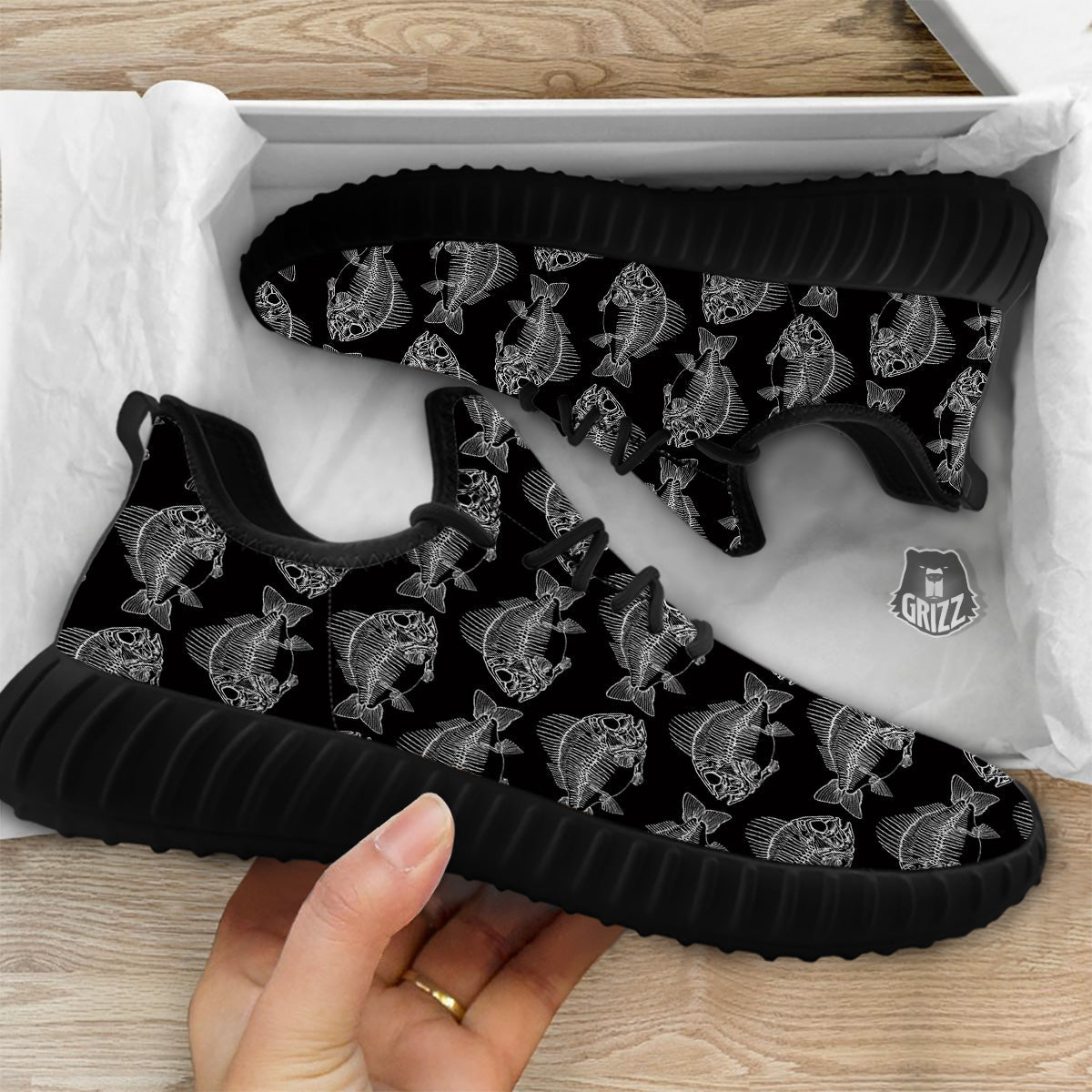 Fish Skeleton Print Pattern Black Walking Shoes-grizzshop