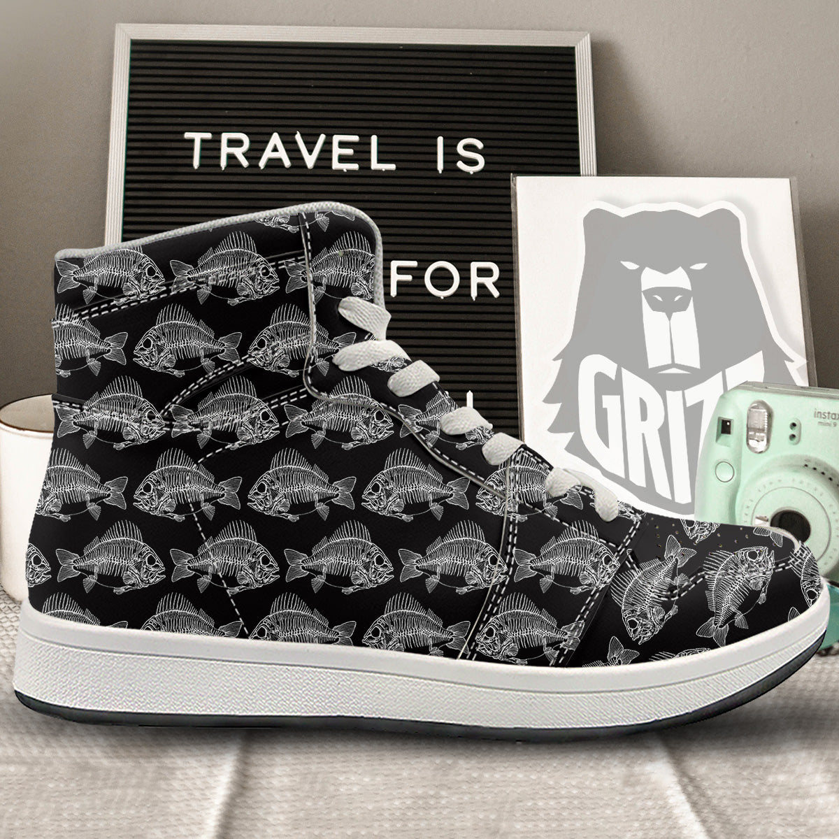 Fish Skeleton Print Pattern High Top Sneakers-grizzshop