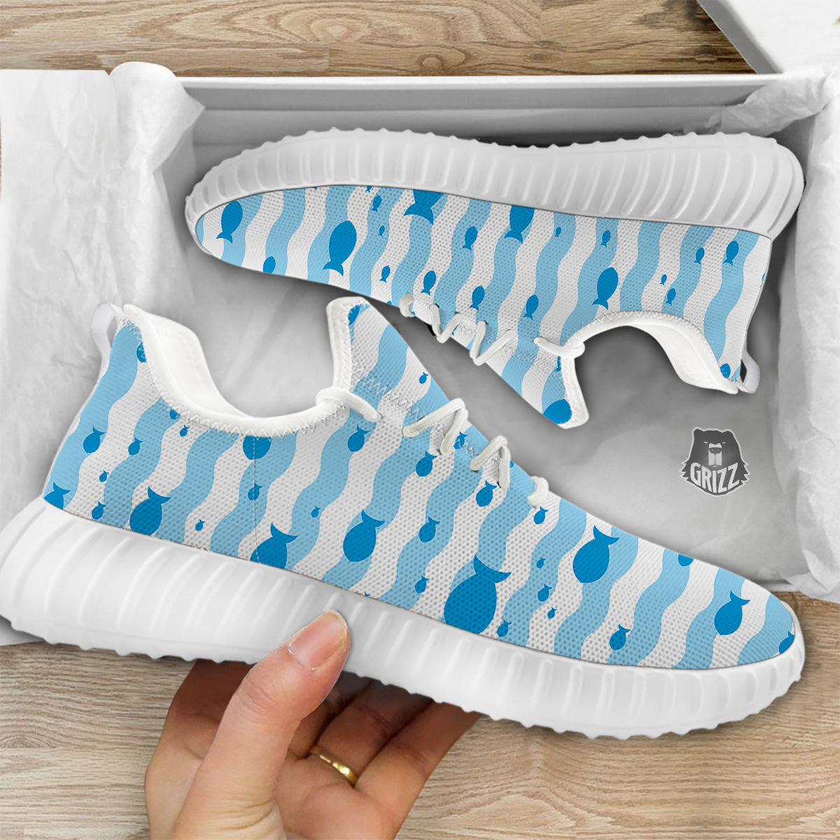 Fish Swimming In Blue Sea Print Pattern White Walking Shoes-grizzshop