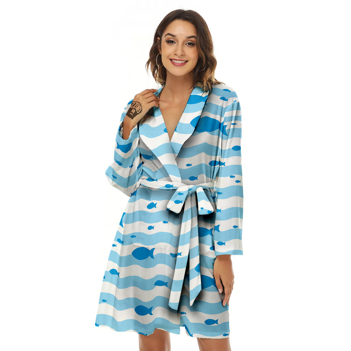 Fish Swimming In Blue Sea Print Pattern Women's Robe-grizzshop