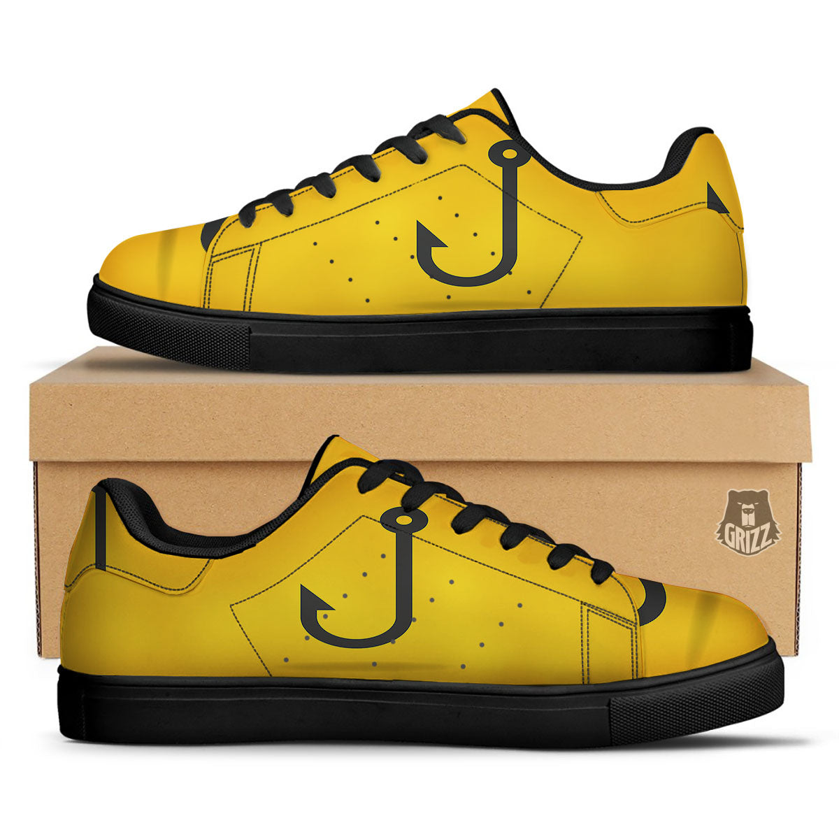Fishing Hooks Print Black Low Top Sneakers-grizzshop