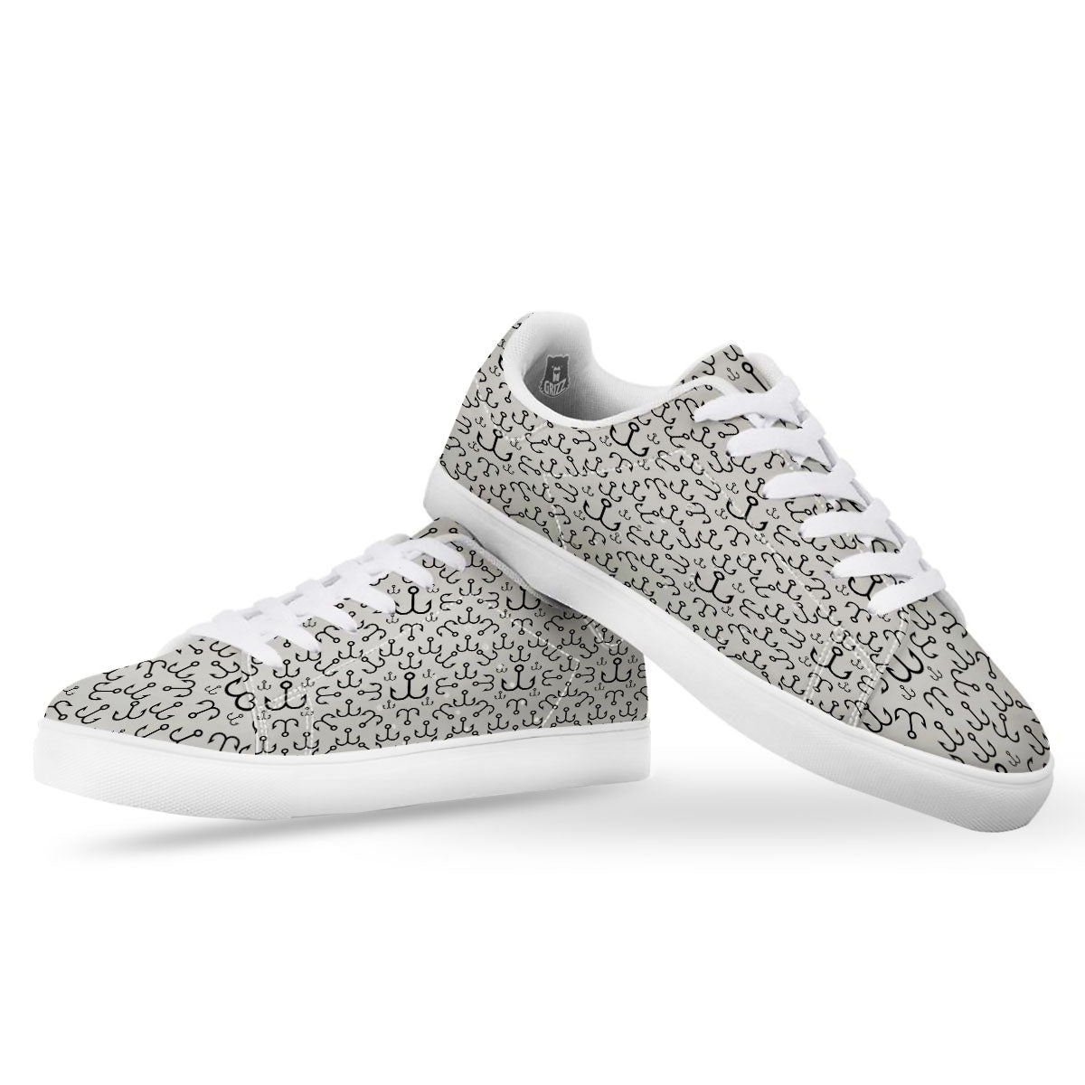 Fishing Hooks White And Black Print White Low Top Sneakers-grizzshop