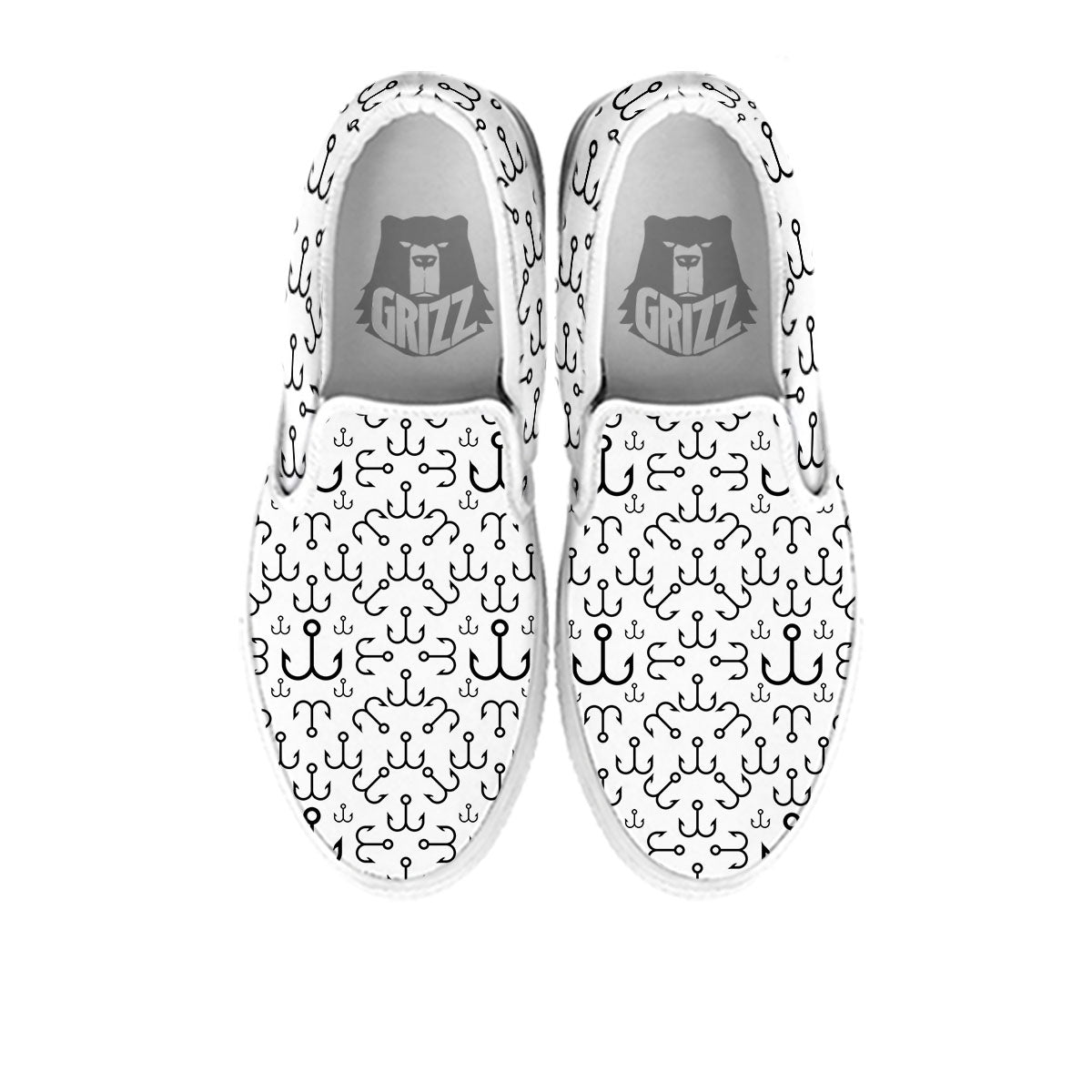 Fishing Hooks White And Black Print White Slip On Shoes-grizzshop