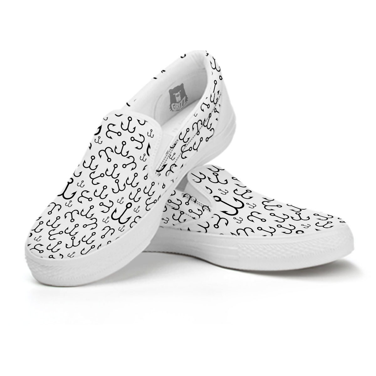 Fishing Hooks White And Black Print White Slip On Shoes-grizzshop