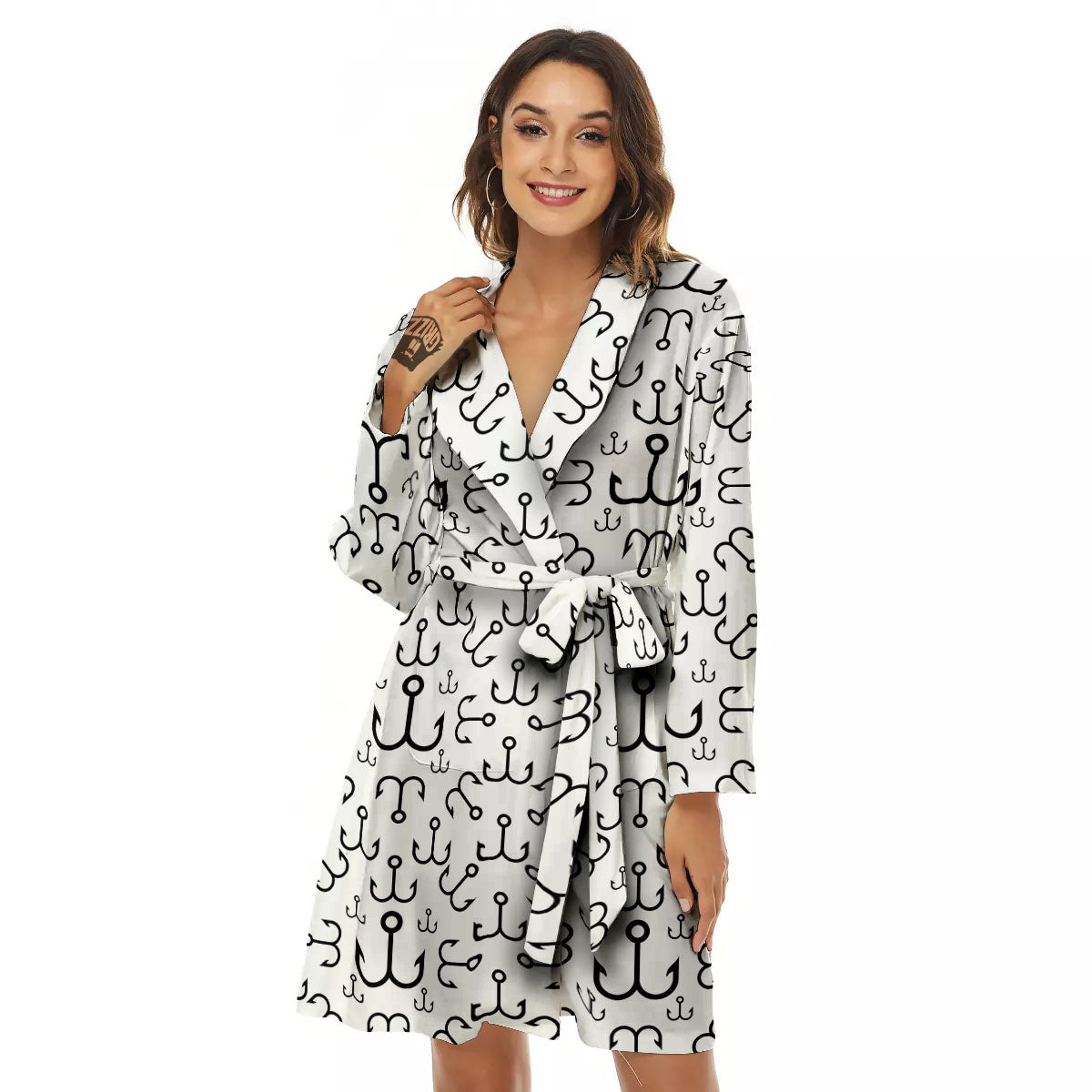 Fishing Hooks White And Black Print Women's Robe-grizzshop