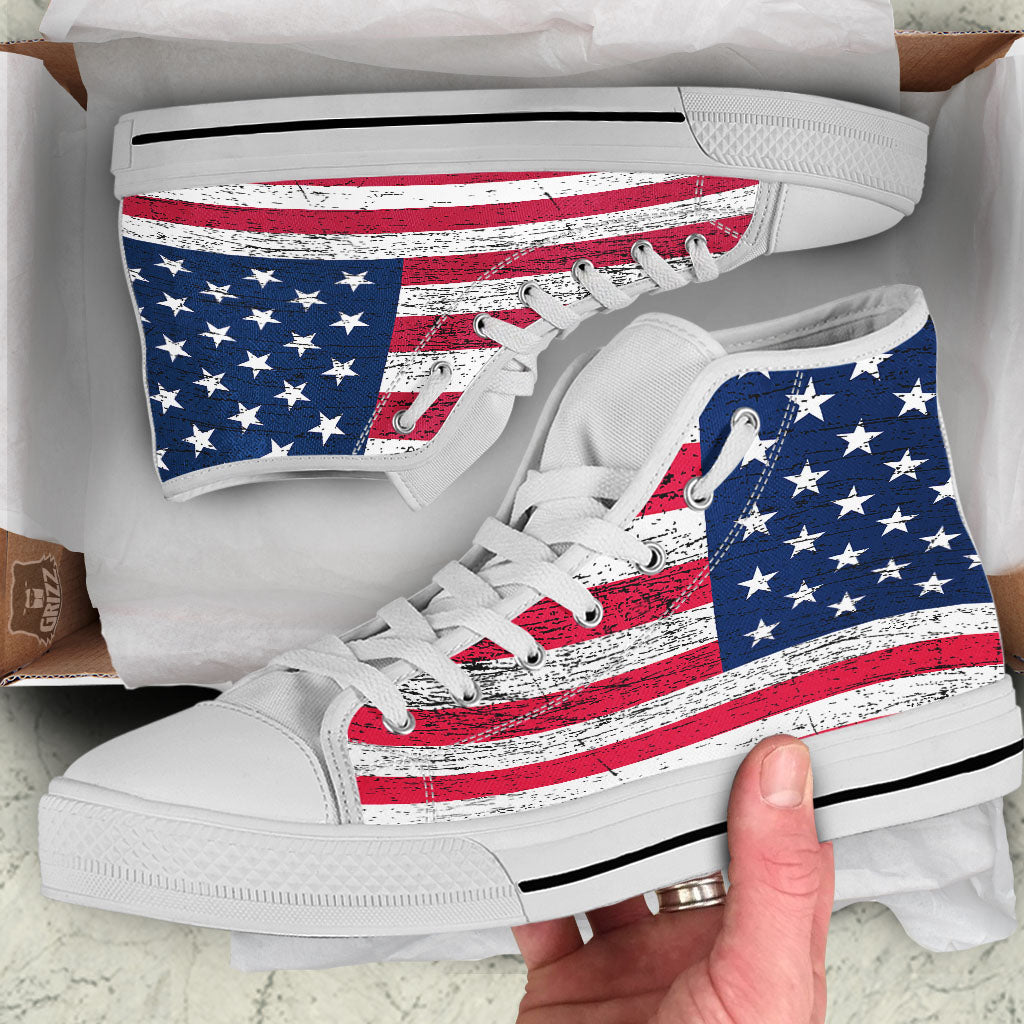Flag USA Grunge Print White High Top Shoes-grizzshop