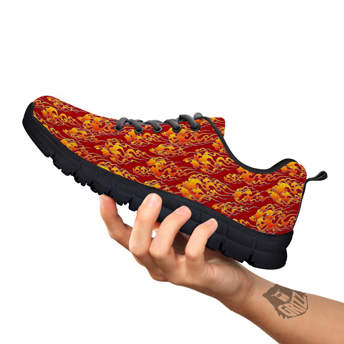 Flame Burning Japanese Art Print Pattern Black Sneaker-grizzshop