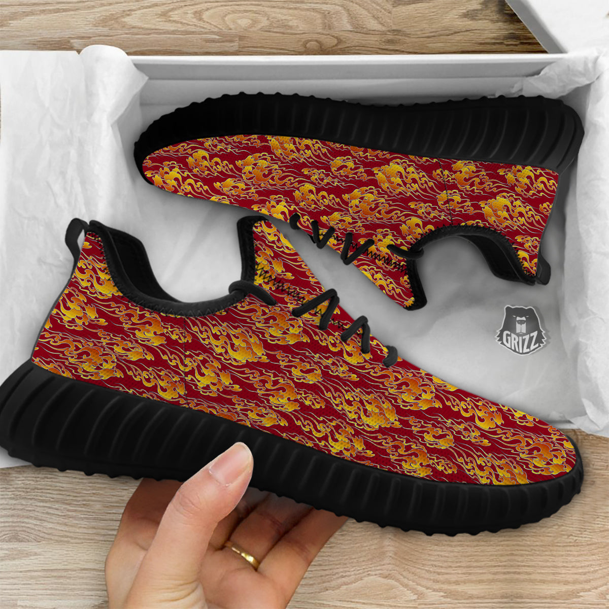 Flame Burning Japanese Art Print Pattern Black Walking Shoes-grizzshop