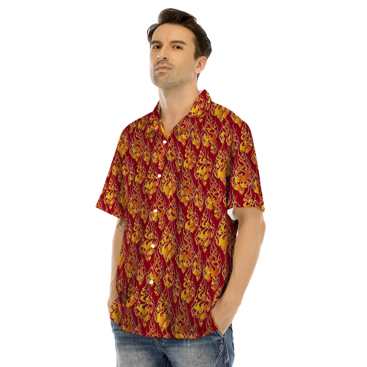 Flame Burning Japanese Art Print Pattern Men's Hawaiian Shirt-grizzshop
