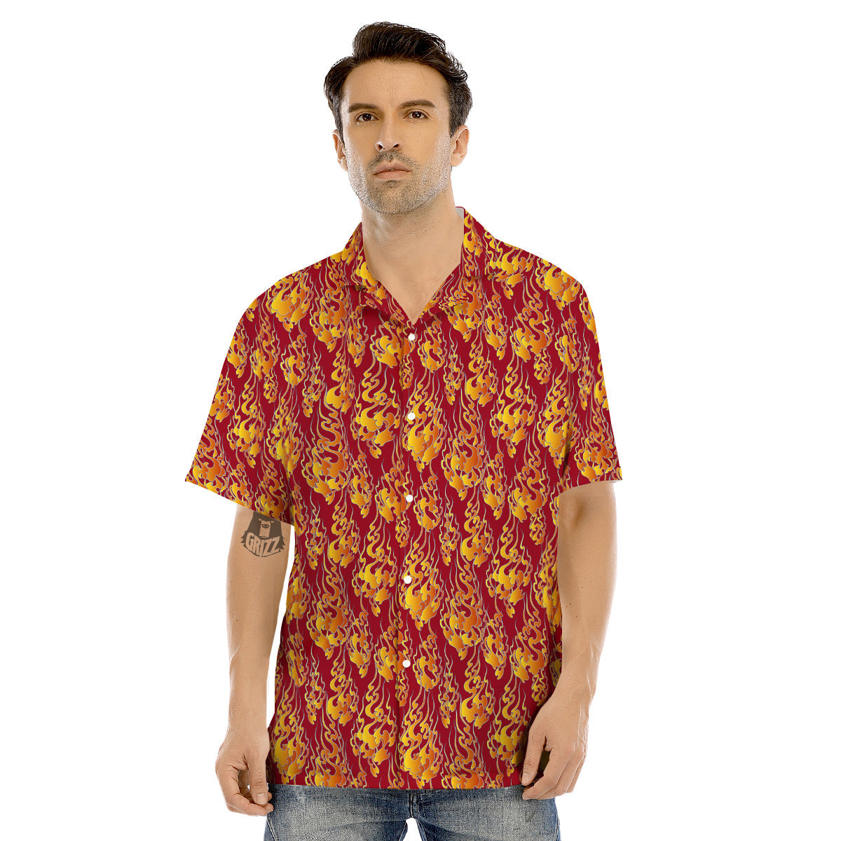 Flame Burning Japanese Art Print Pattern Men's Hawaiian Shirt-grizzshop