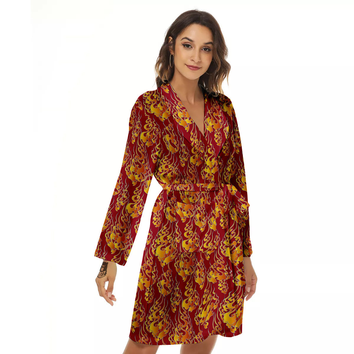 Flame Burning Japanese Art Print Pattern Women's Robe-grizzshop