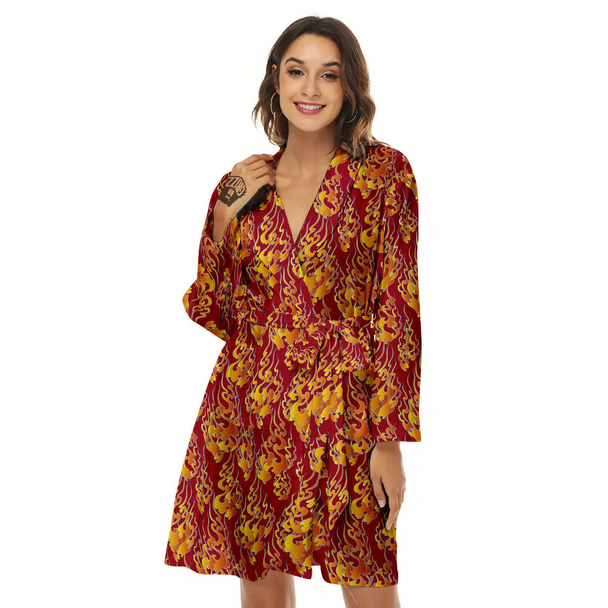 Flame Burning Japanese Art Print Pattern Women's Robe-grizzshop