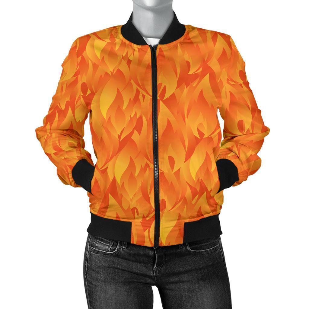Flame Fire Pattern Print Women Casual Bomber Jacket-grizzshop