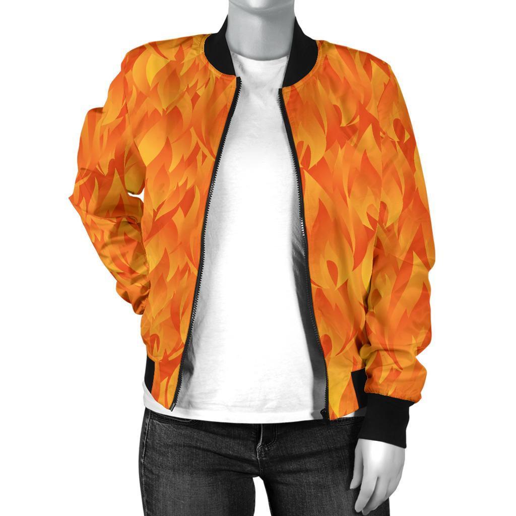 Flame Fire Pattern Print Women Casual Bomber Jacket-grizzshop