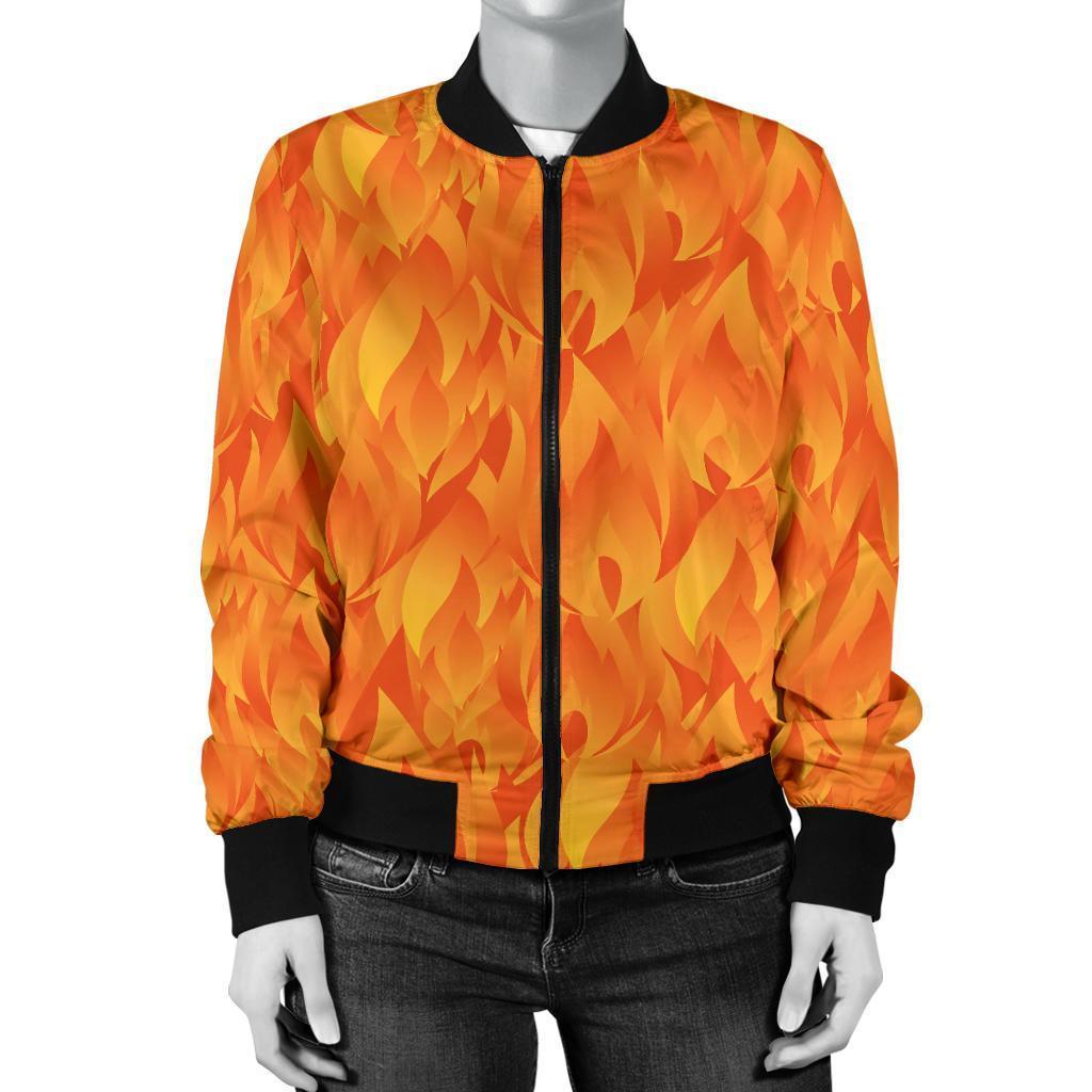 Flame Fire Pattern Print Women Casual Bomber Jacket-grizzshop