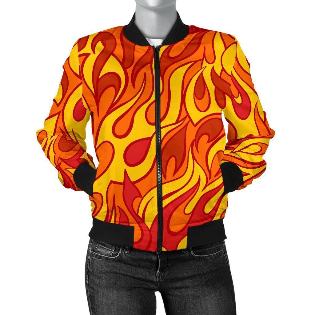 Flame Fire Print Pattern Women Casual Bomber Jacket-grizzshop