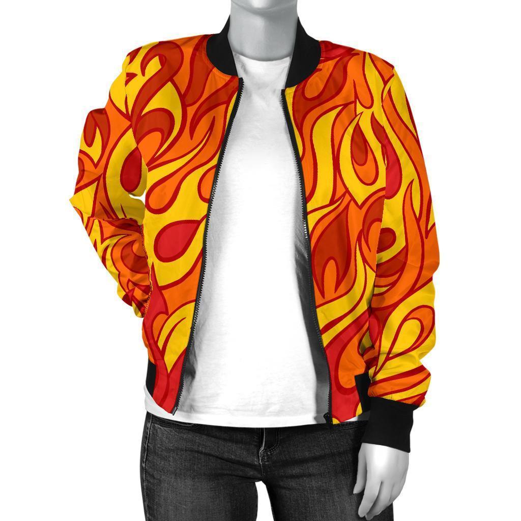 Flame Fire Print Pattern Women Casual Bomber Jacket-grizzshop