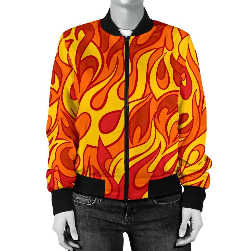 Flame Fire Print Pattern Women Casual Bomber Jacket-grizzshop