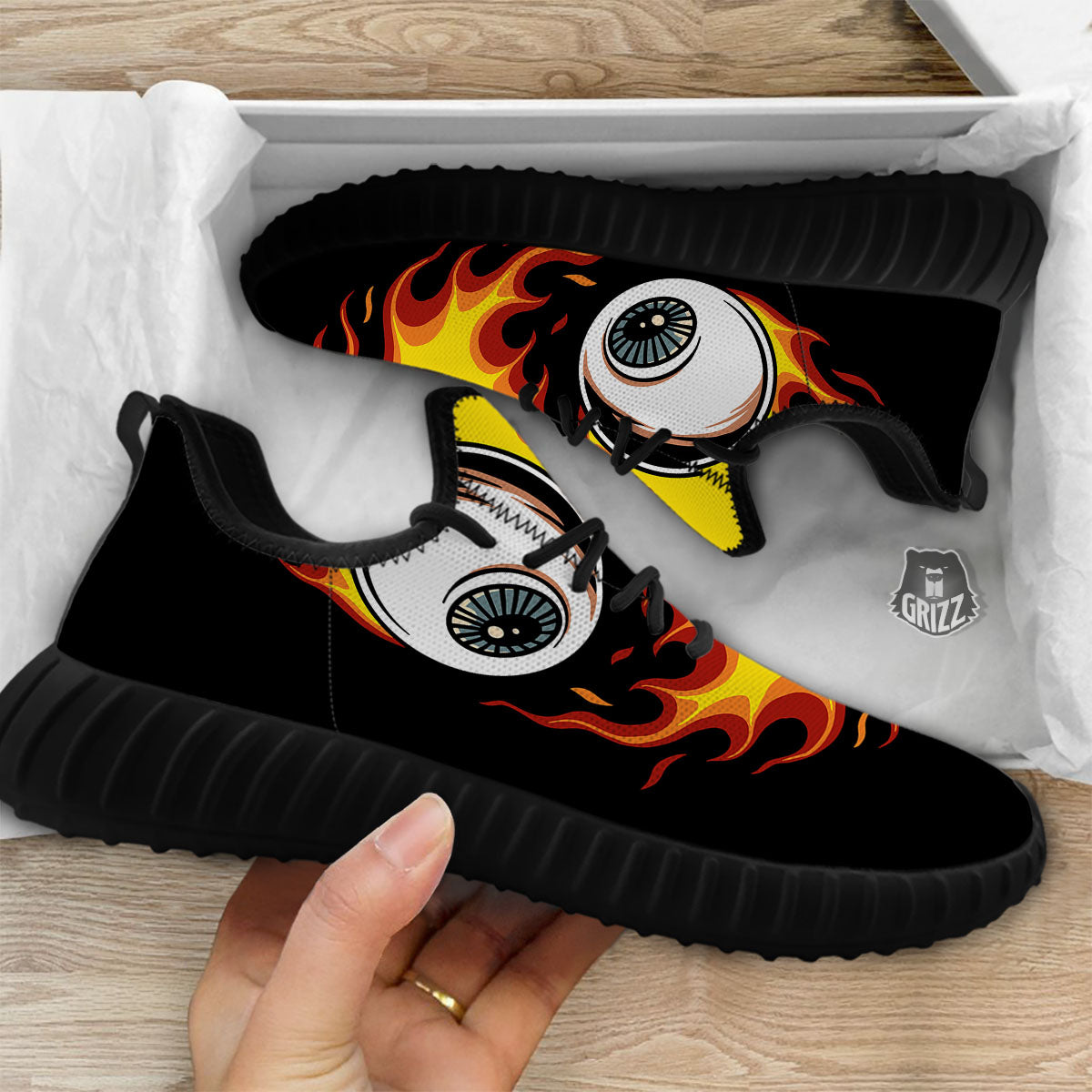 Flaming Eye Print Black Walking Shoes-grizzshop