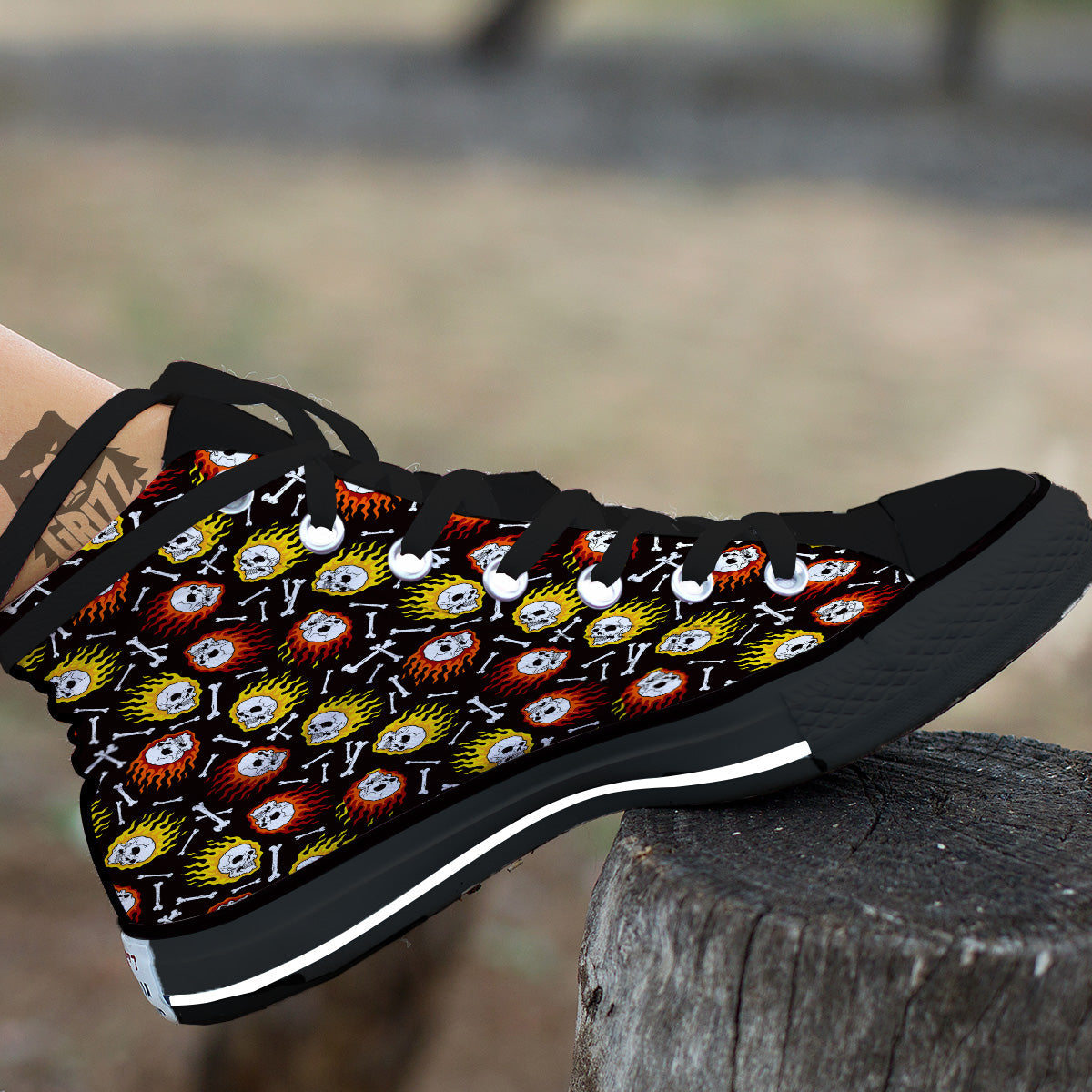 Flaming Skulls And Bone Print Pattern Black High Top Shoes-grizzshop