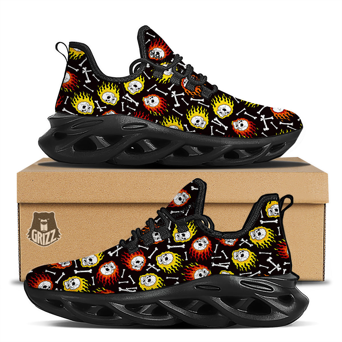 Flaming Skulls And Bone Print Pattern Black Running Shoes-grizzshop