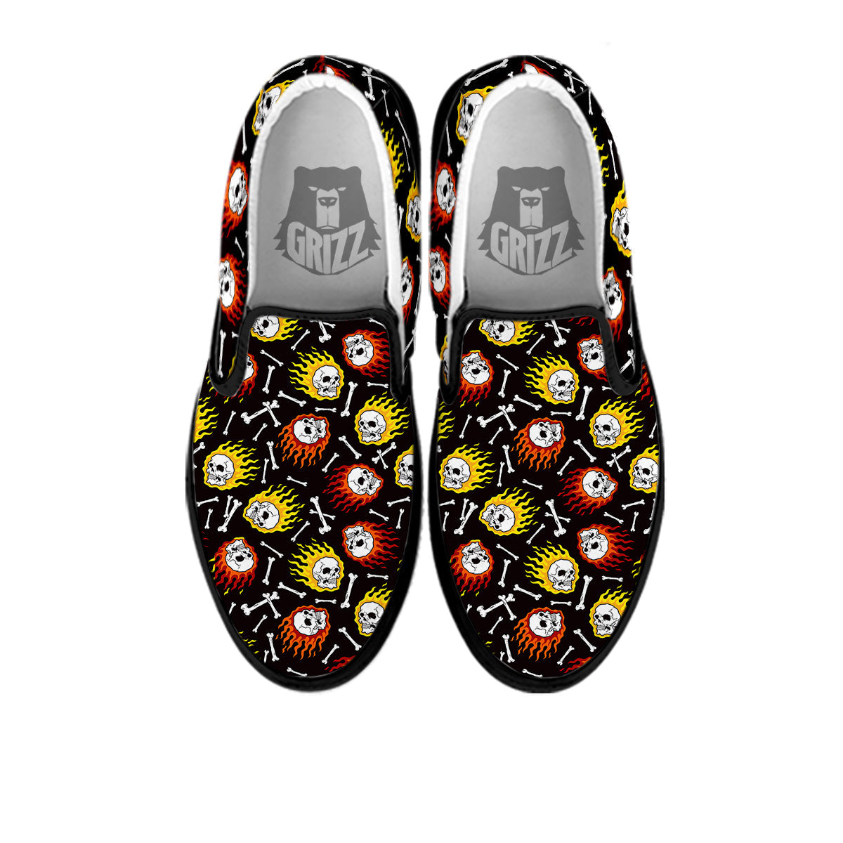 Flaming Skulls And Bone Print Pattern Black Slip On Shoes-grizzshop
