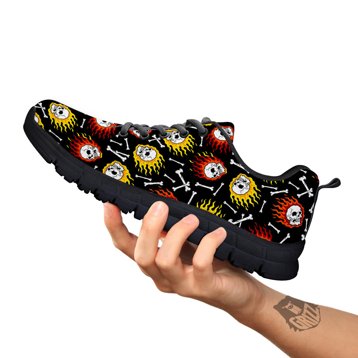 Flaming Skulls And Bone Print Pattern Black Sneaker-grizzshop