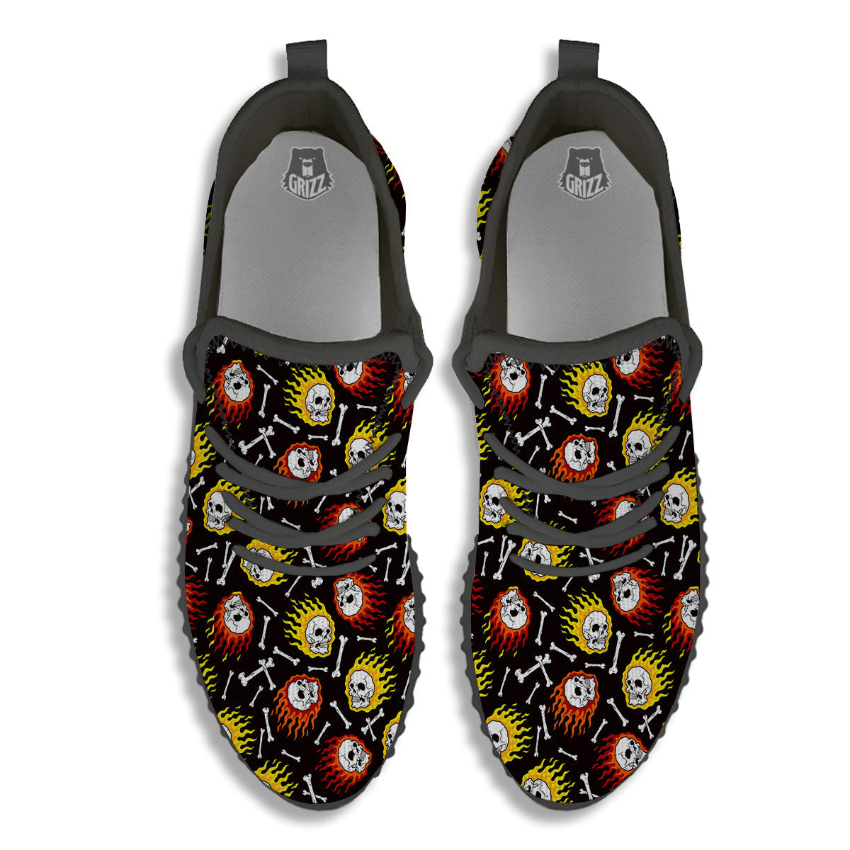 Flaming Skulls And Bone Print Pattern Black Walking Shoes-grizzshop