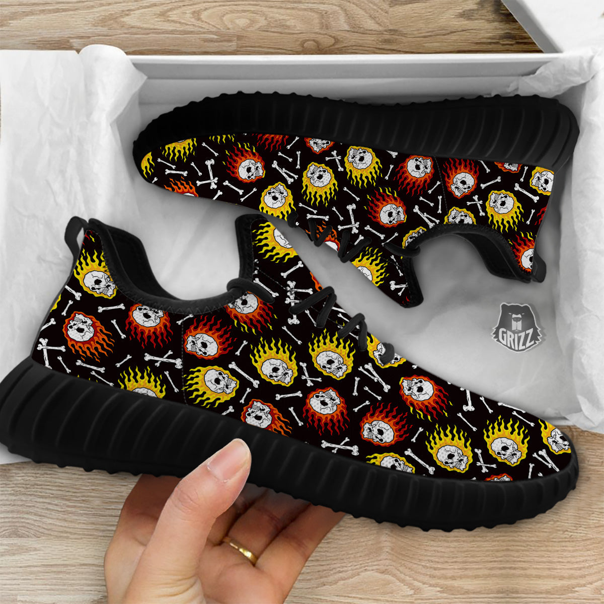 Flaming Skulls And Bone Print Pattern Black Walking Shoes-grizzshop