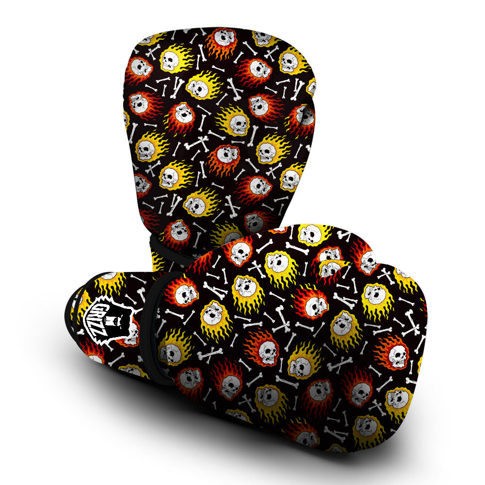 Flaming Skulls And Bone Print Pattern Boxing Gloves-grizzshop