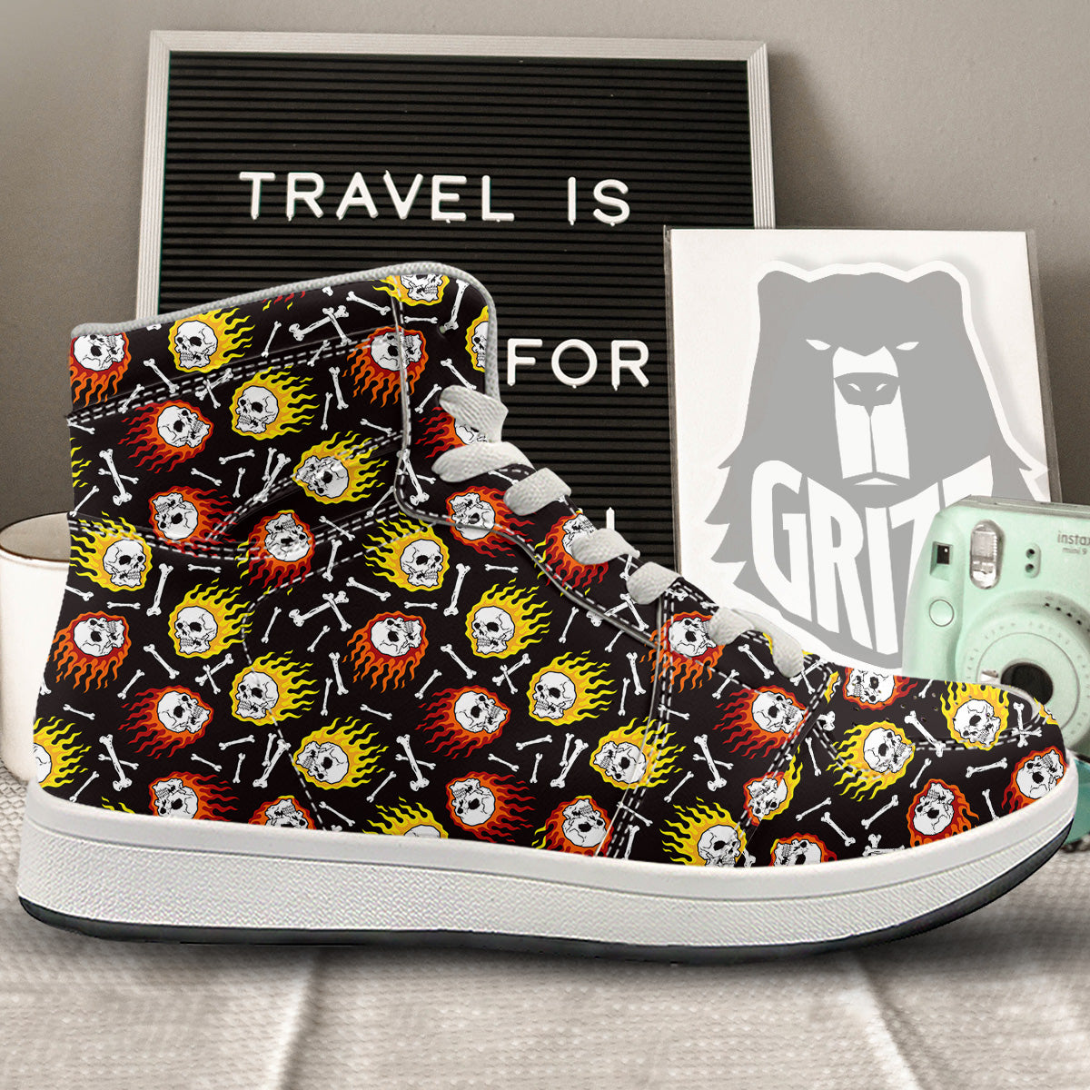 Flaming Skulls And Bone Print Pattern High Top Sneakers-grizzshop