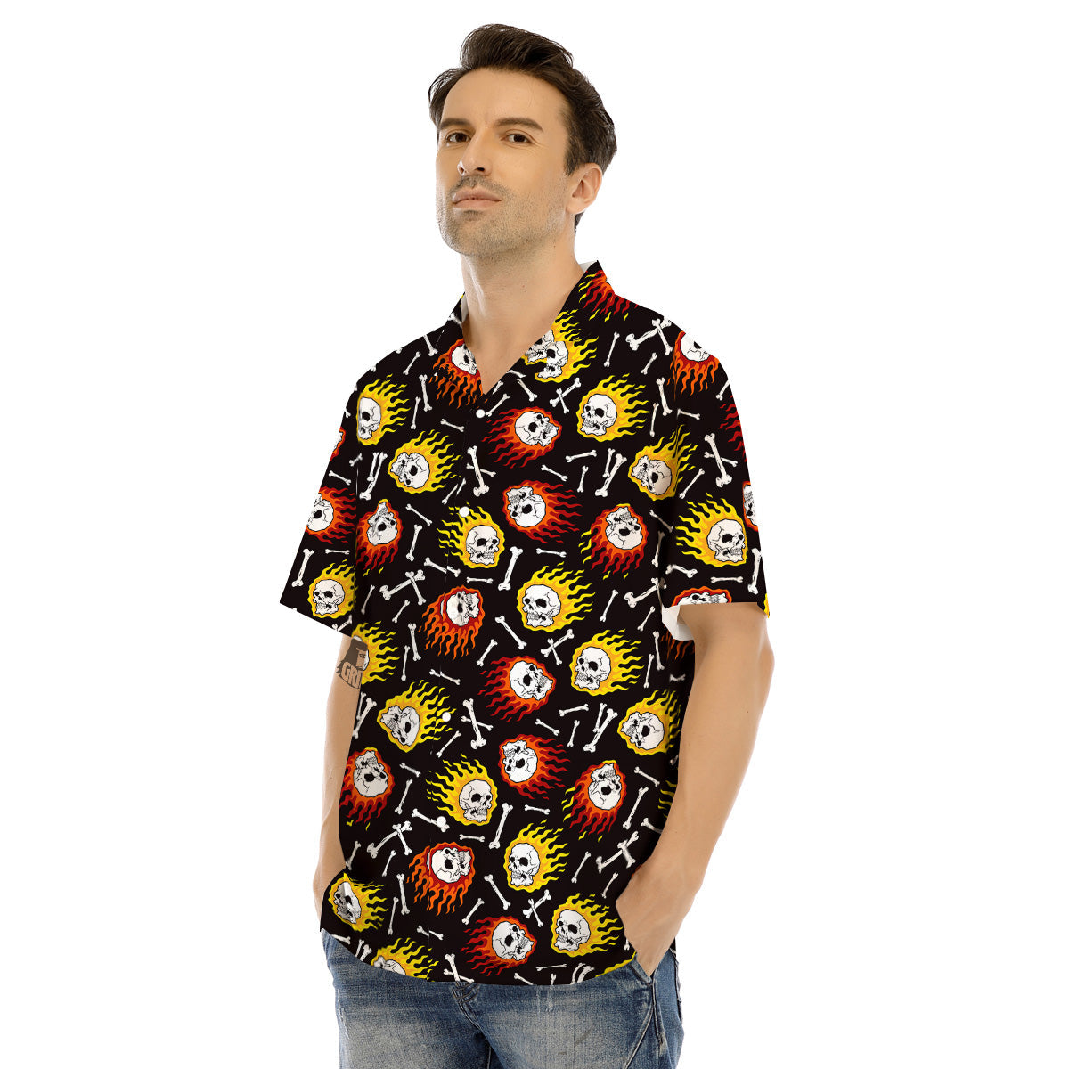 Flaming Skulls And Bone Print Pattern Men's Hawaiian Shirt-grizzshop