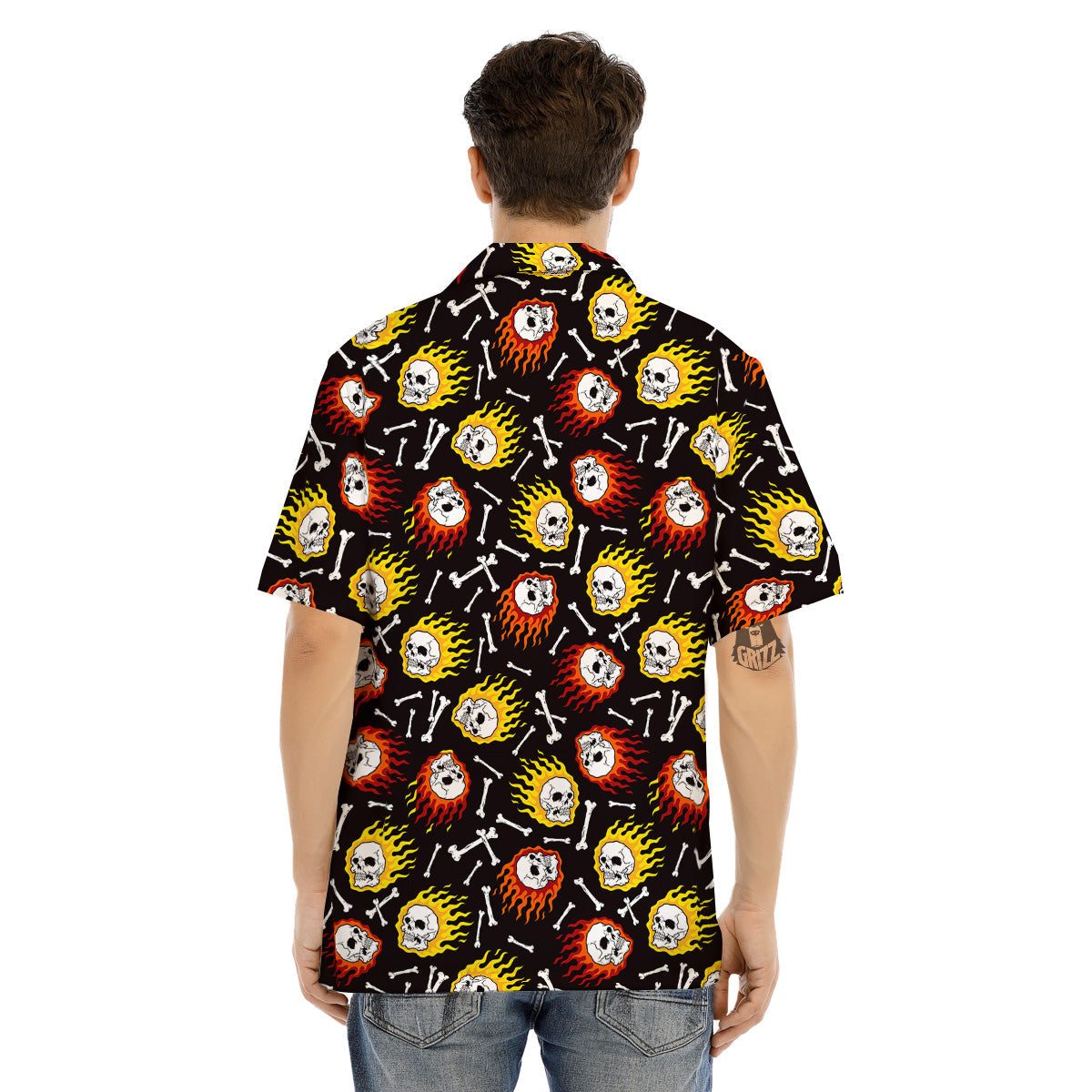 Flaming Skulls And Bone Print Pattern Men's Hawaiian Shirt-grizzshop