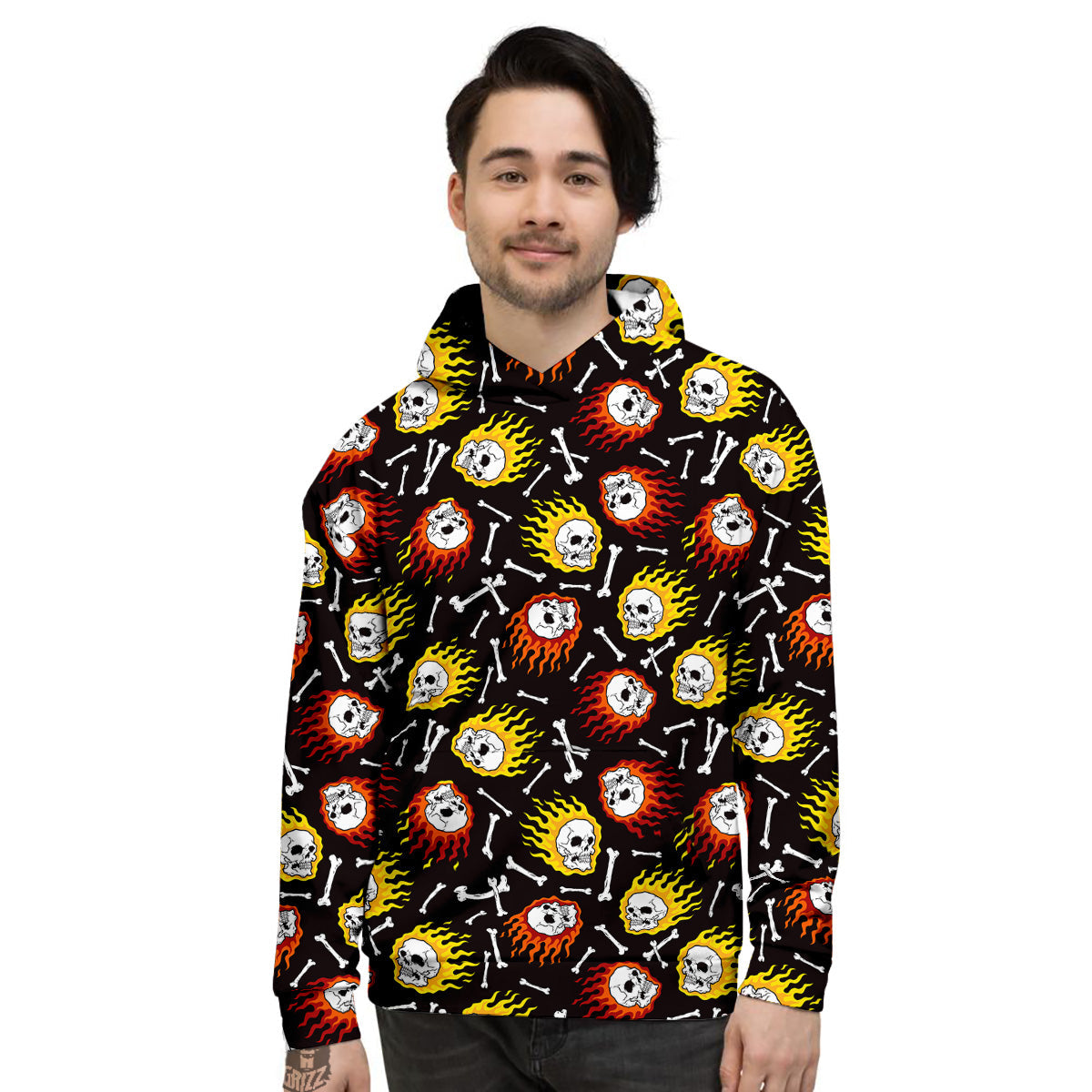 Flaming Skulls And Bone Print Pattern Men's Hoodie-grizzshop