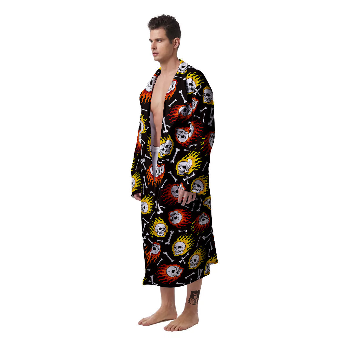 Flaming Skulls And Bone Print Pattern Men's Robe-grizzshop