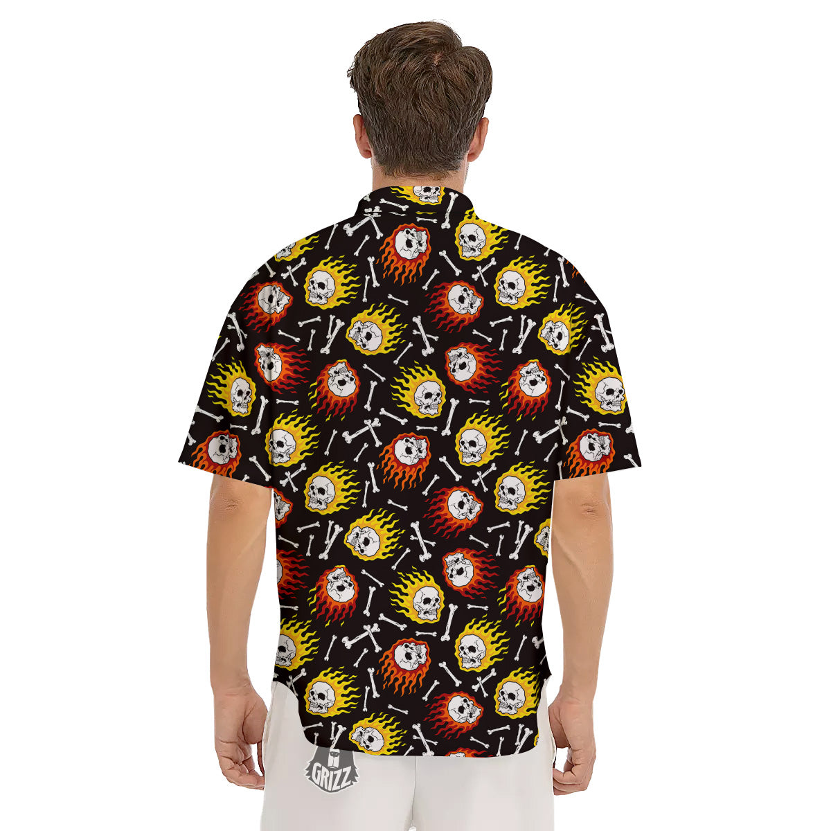 Flaming Skulls And Bone Print Pattern Men's Short Sleeve Shirts-grizzshop