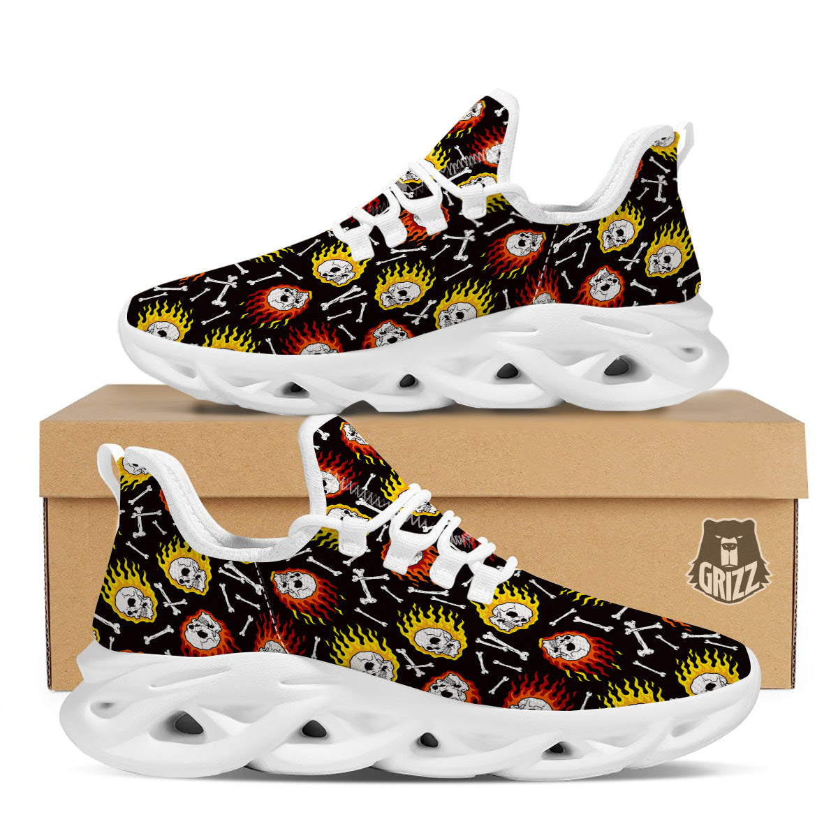 Flaming Skulls And Bone Print Pattern White Running Shoes-grizzshop