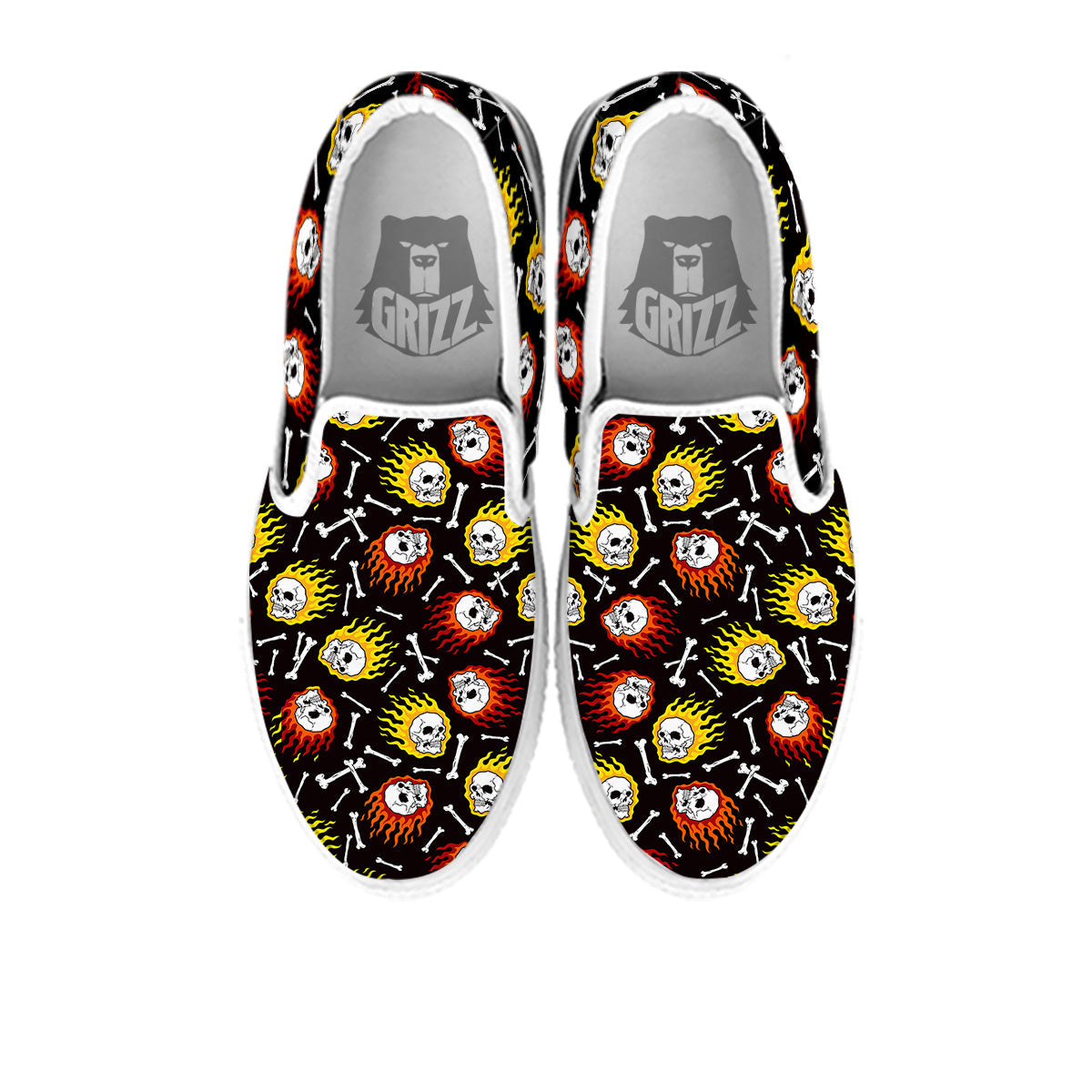 Flaming Skulls And Bone Print Pattern White Slip On Shoes-grizzshop