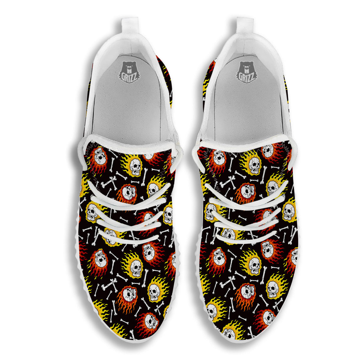 Flaming Skulls And Bone Print Pattern White Walking Shoes-grizzshop