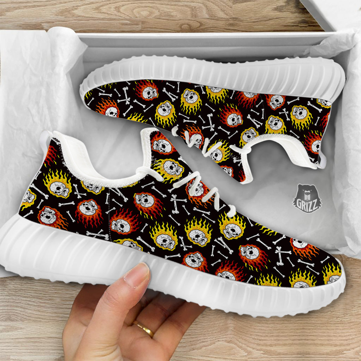 Flaming Skulls And Bone Print Pattern White Walking Shoes-grizzshop