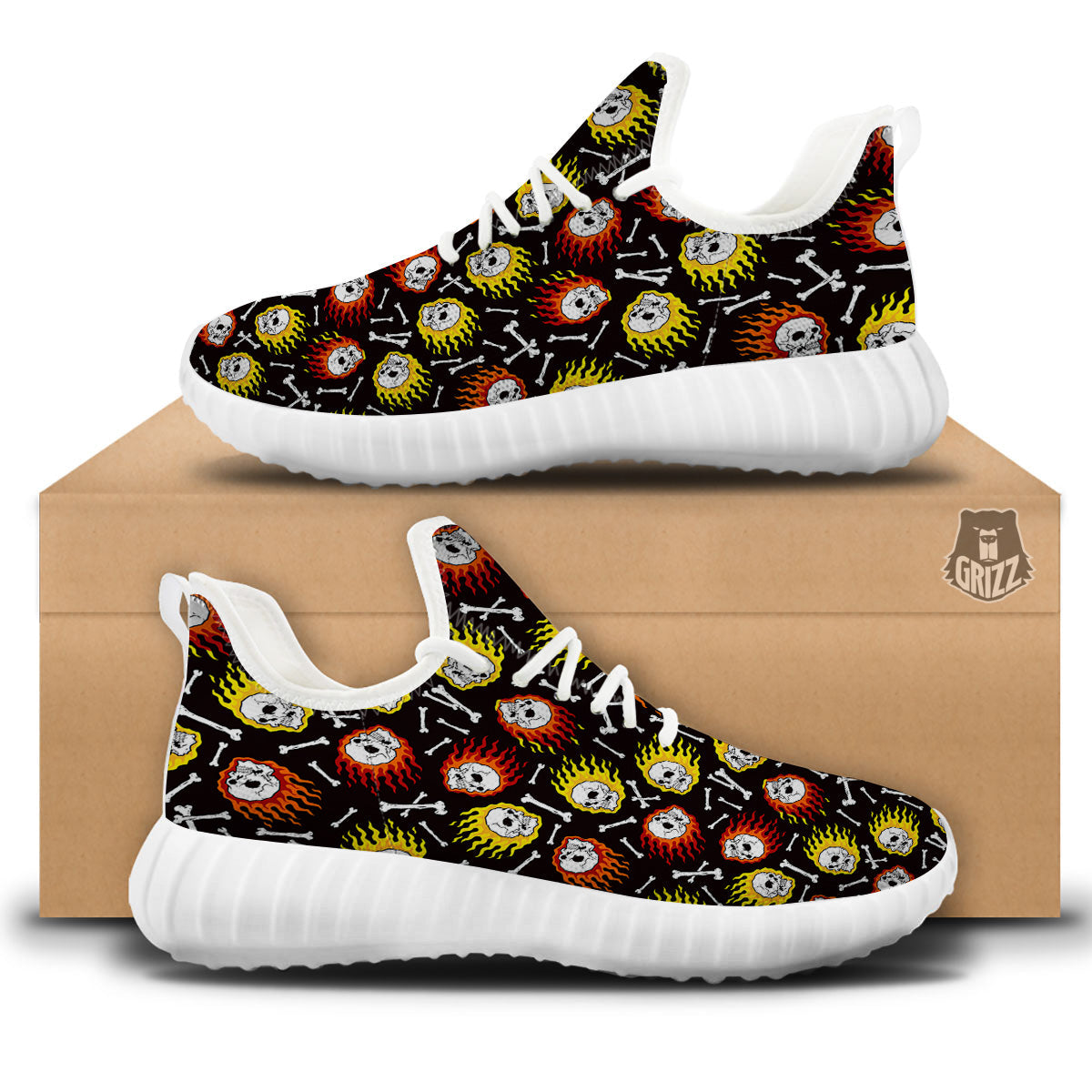 Flaming Skulls And Bone Print Pattern White Walking Shoes-grizzshop