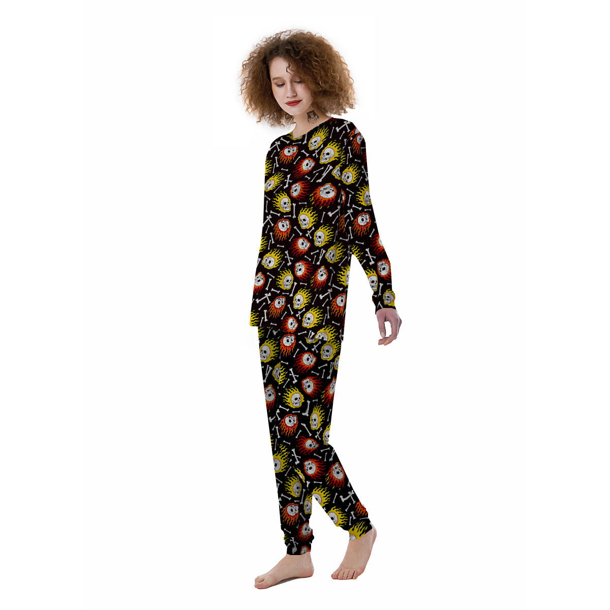 Flaming Skulls And Bone Print Pattern Women's Pajamas-grizzshop