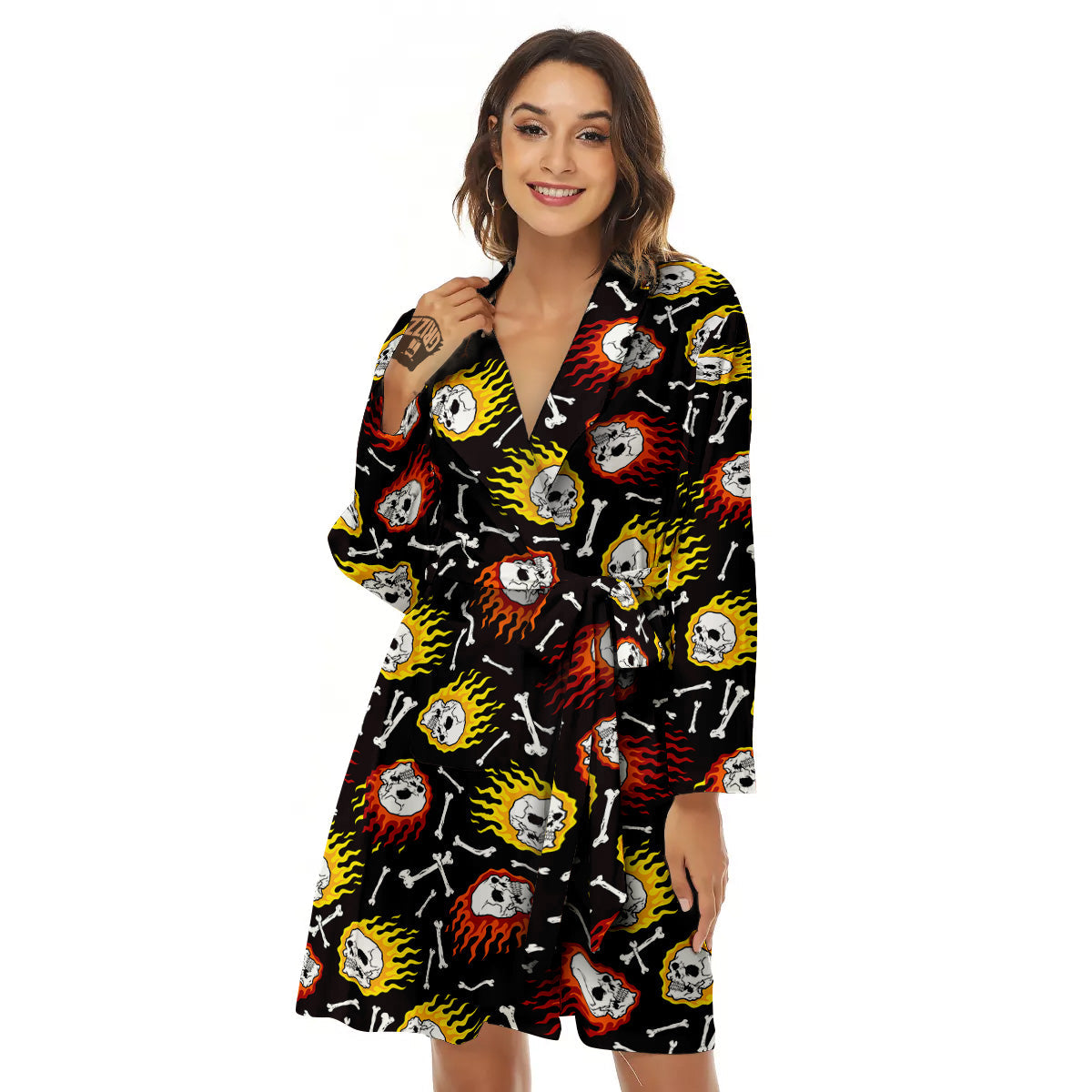 Flaming Skulls And Bone Print Pattern Women's Robe-grizzshop